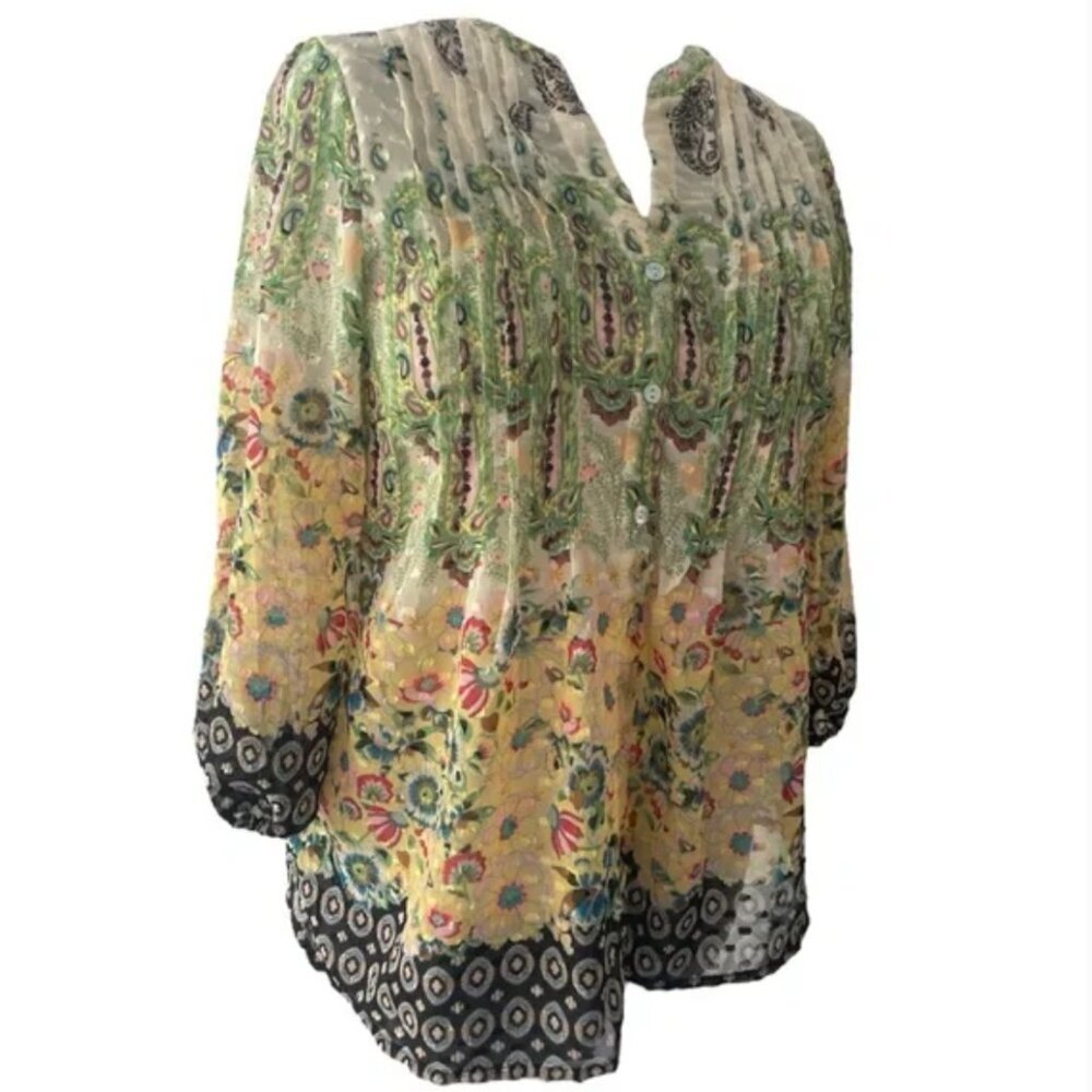 Lightweight Floral Button-Down Tunic Shirt - Yellow Green - Picture 5 of 12